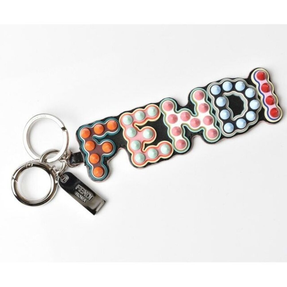 Fendi Key Holder Sling Bag Charm Logo Motif Rubber Leather Multicolor